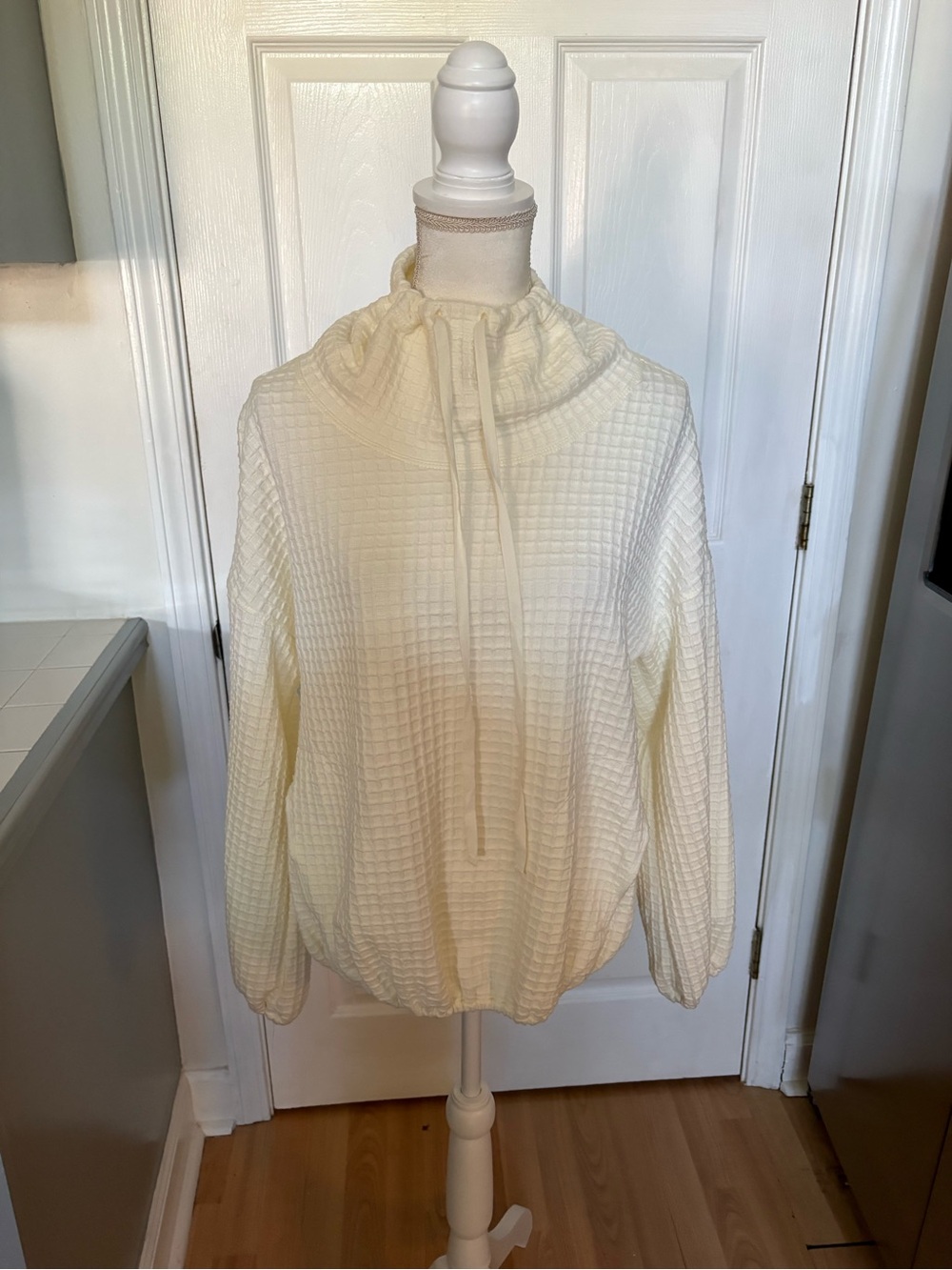 Max Studio Cream Waffle-Knit Drawstring Funnel Neck Sweater